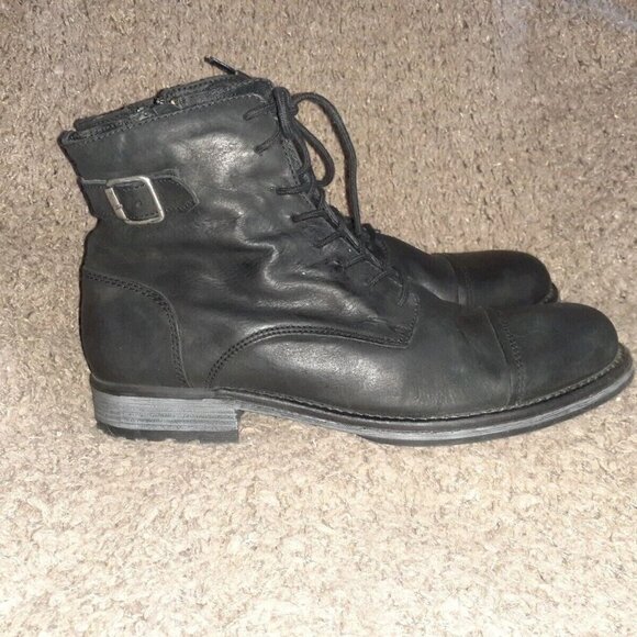 JACK & JONES-Black Oiled Leather Ankle Boots-Side Zip-Lace Up-Sz 43/10-NWOB - Picture 4 of 8